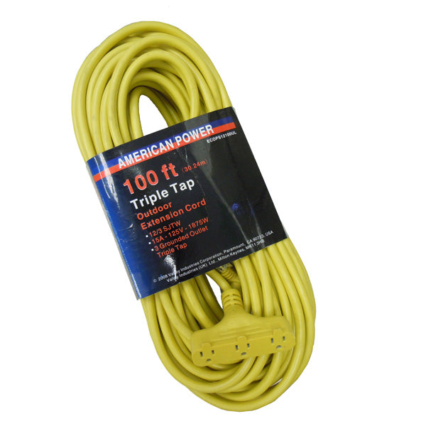 12/3 OUTDOOR EXTENSION CORD, YELLOW (UL) Tri-Tap Plug