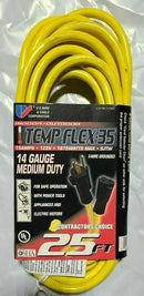 US Wire Outdoor Temp Flex Cord Yellow Cord, 25Ft 125V, SJTW, UL, 14/3