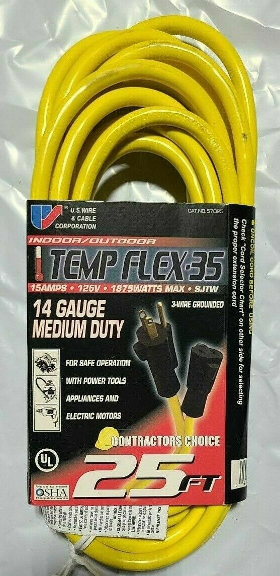 US Wire Outdoor Temp Flex Cord Yellow Cord, 25Ft 125V, SJTW, UL, 14/3