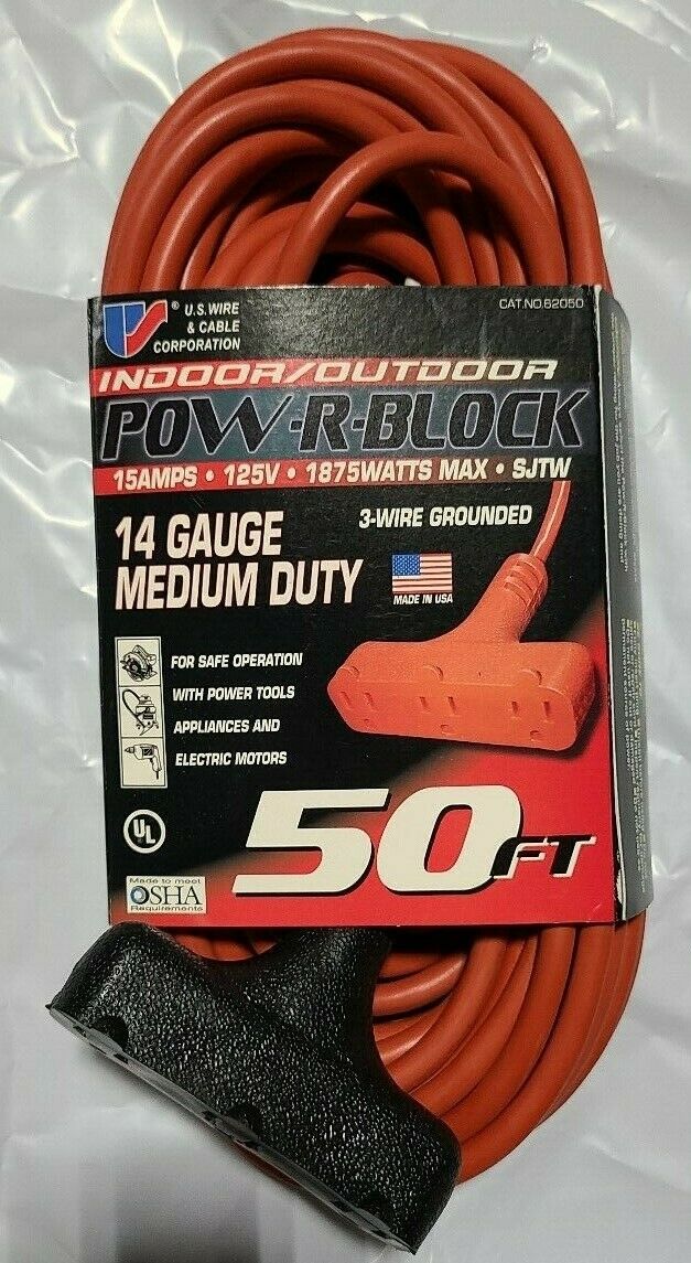 US Wire Indoor/Outdoor Extension Cord Pow-R-Block Tri-Tap 50Ft 14/3