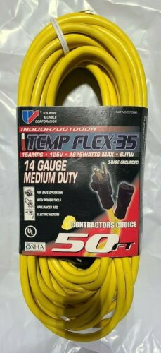 US Wire Outdoor Temp Flex Cord Yellow Cord, 50Ft 125V, SJTW, UL, 14/3
